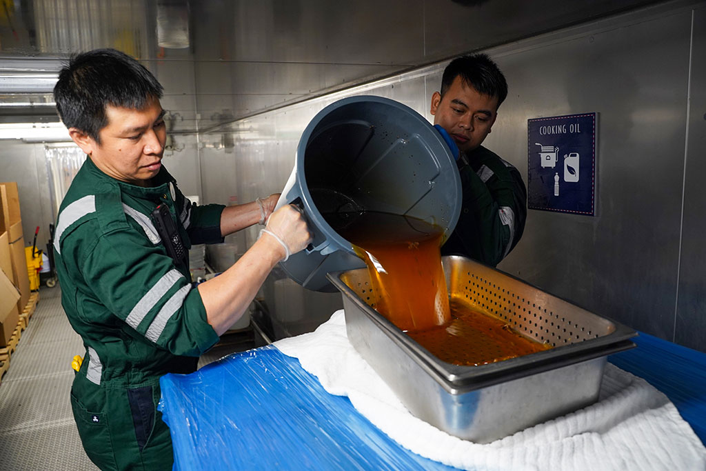Each week, more than 1,000 gallons of used cooking oil are offloaded and recycled in Disney’s ports of call around the world.